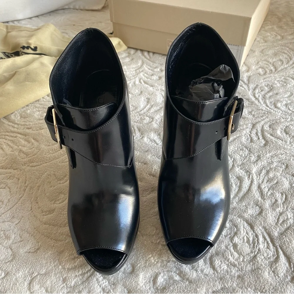 Burberry Leather Peep Toe Buckle Bootie - Picture 2 of 7
